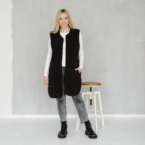 Merino-Weste lang, schwarz, Schwarz, Produktbild 1