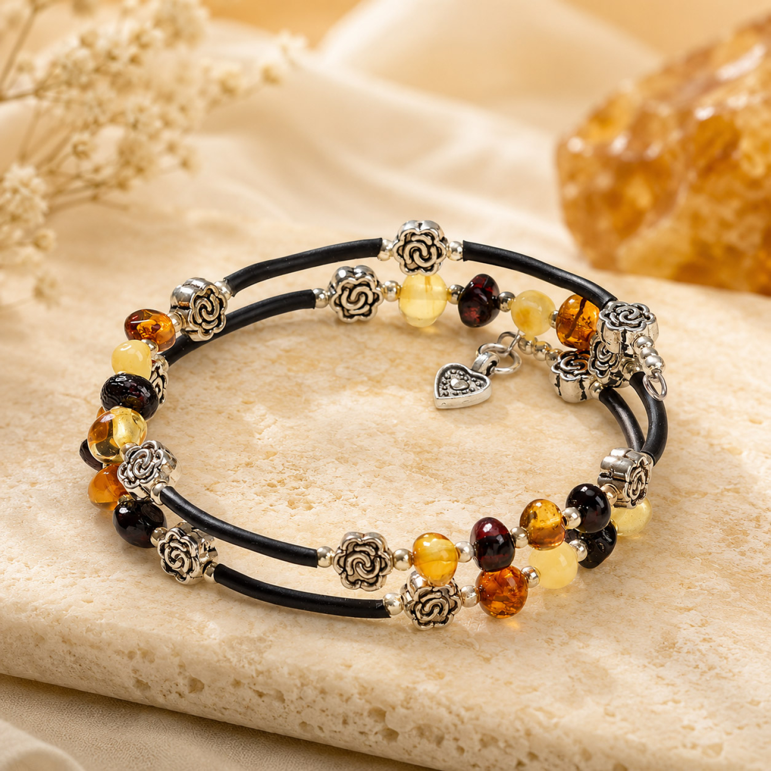 Bernstein-Wickelarmband „Rosen“, Produktbild 2