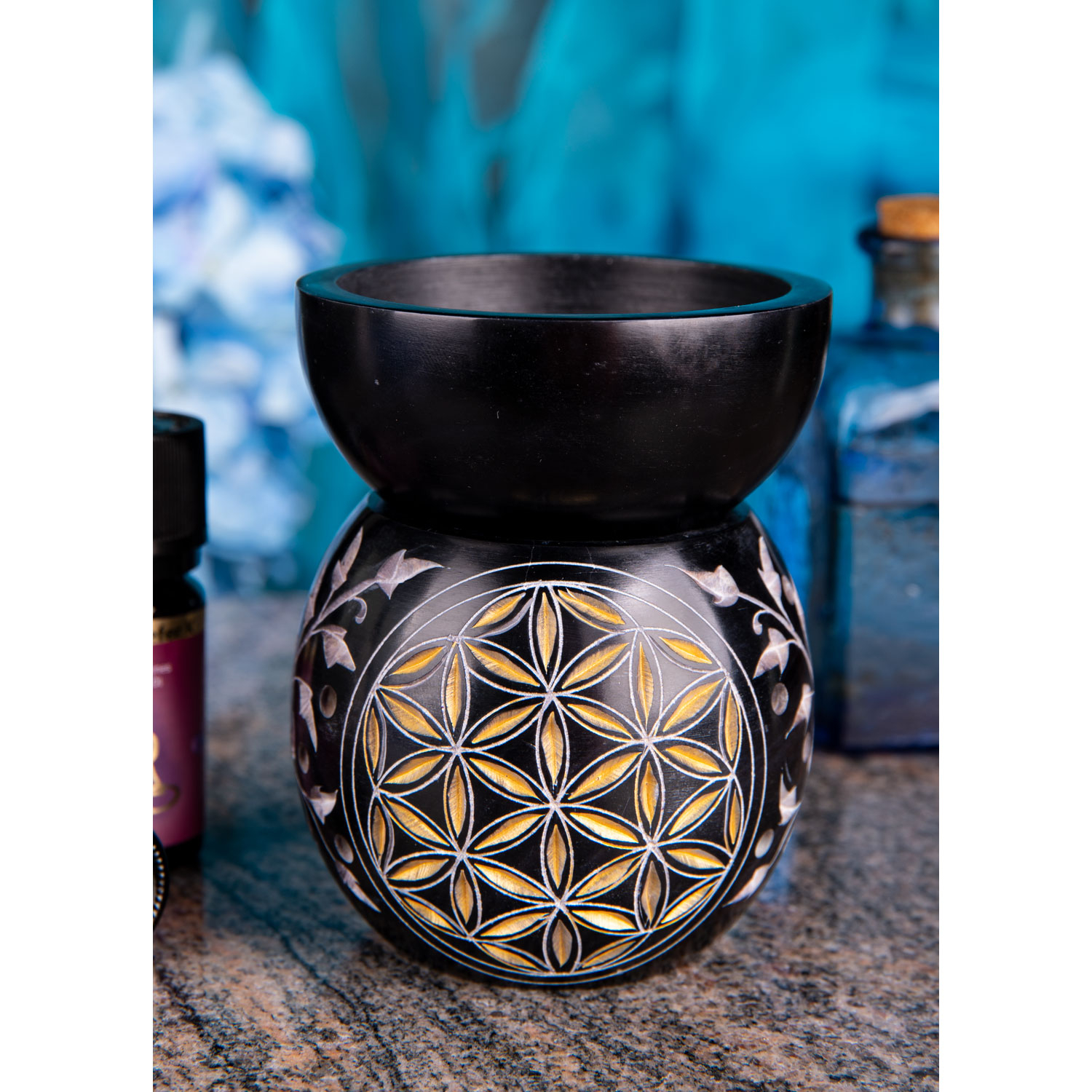 Aromalampe „Blume des Lebens“, schwarz-gold, Produktbild 2